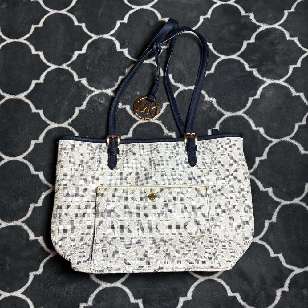 Michael Kors Voyager Tote Bag White Navy‎ Blue Signature Logo Canvas Gold